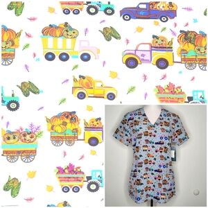 NWT GT Performance Sz M Blue Scrub Top Halloween Pumpkin Patch Harvest Fest Fall